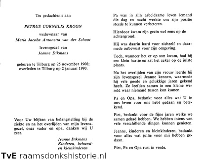 Petrus Cornelis Kroon- (vr) Jeanne Dikmans- Maria Jacoba Antonetta van der Schoot